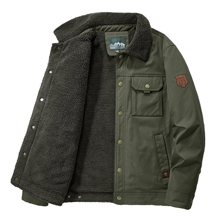 Herr Fodrad Canvas Trucker Jacka med Teddy Fleecefoder och Skjorta Krage