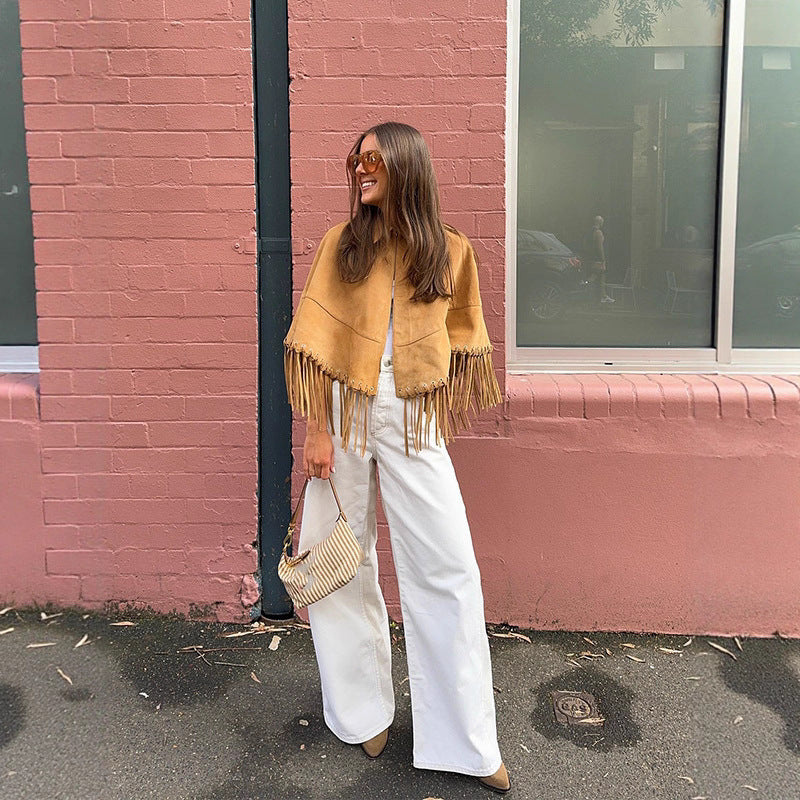 Dam mocka-look Fringe Cape med skjortkrage och Eyelet Decoration