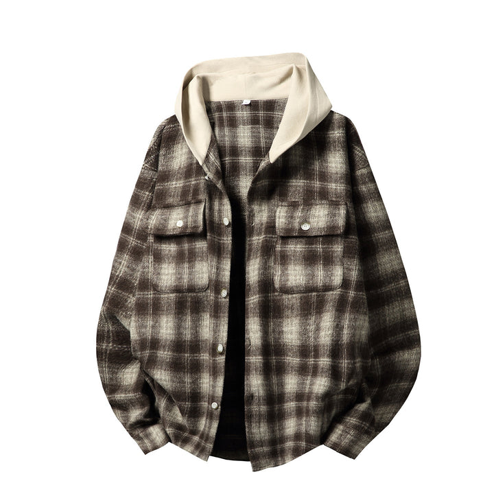 Unisex Skjortjacka med Contrast Huva i Check Flannel Look, Knapp Front och Patch Chest Fickor