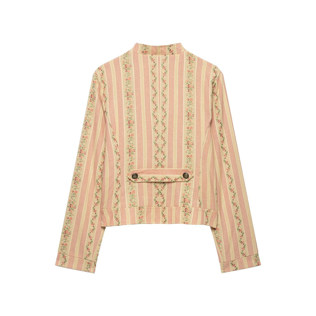 Dam Kort Blouson Jacka i Vintage Rand Mönster med Asymmetrisk Knapp Knäppning