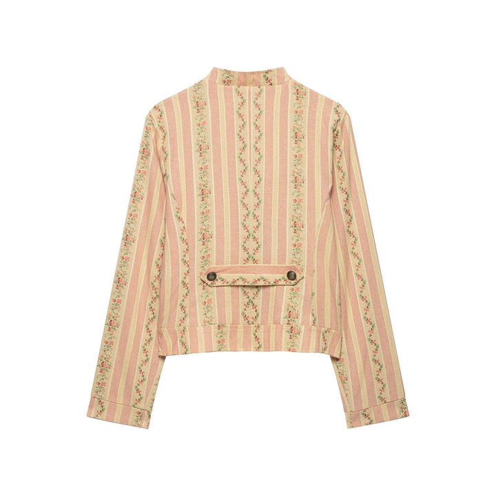 Dam Kort Blouson Jacka i Vintage Rand Mönster med Asymmetrisk Knapp Knäppning