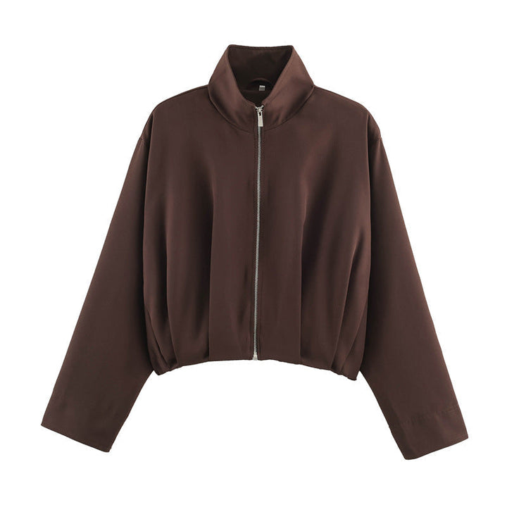 Dam Boxig-Kort Blouson Jacka med Hög Stå Krage och Fitted Elastic Waistband