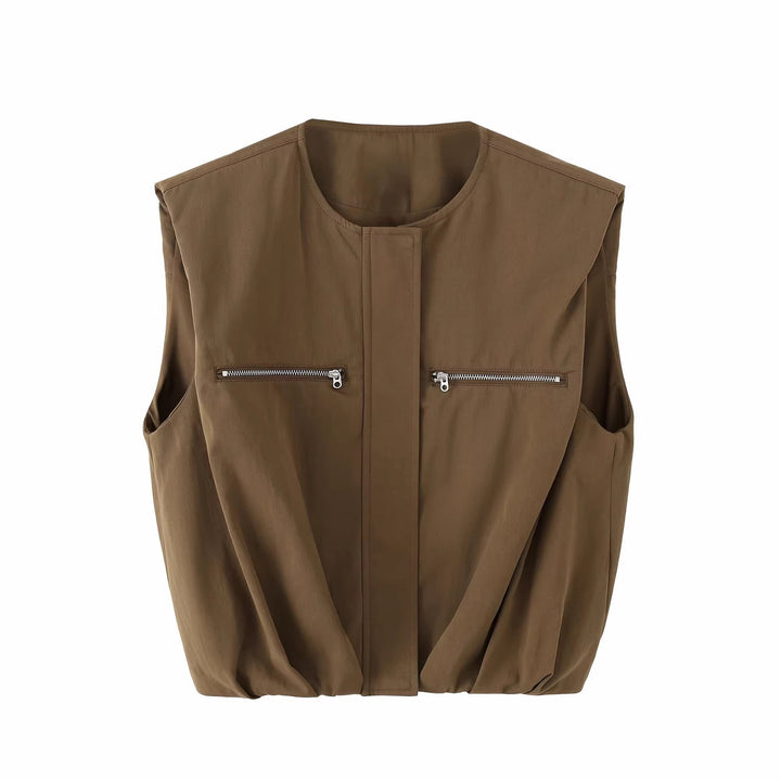 Dam Sleeveless Utility Väst med Draped Front och Chest Dragkedja Fickor