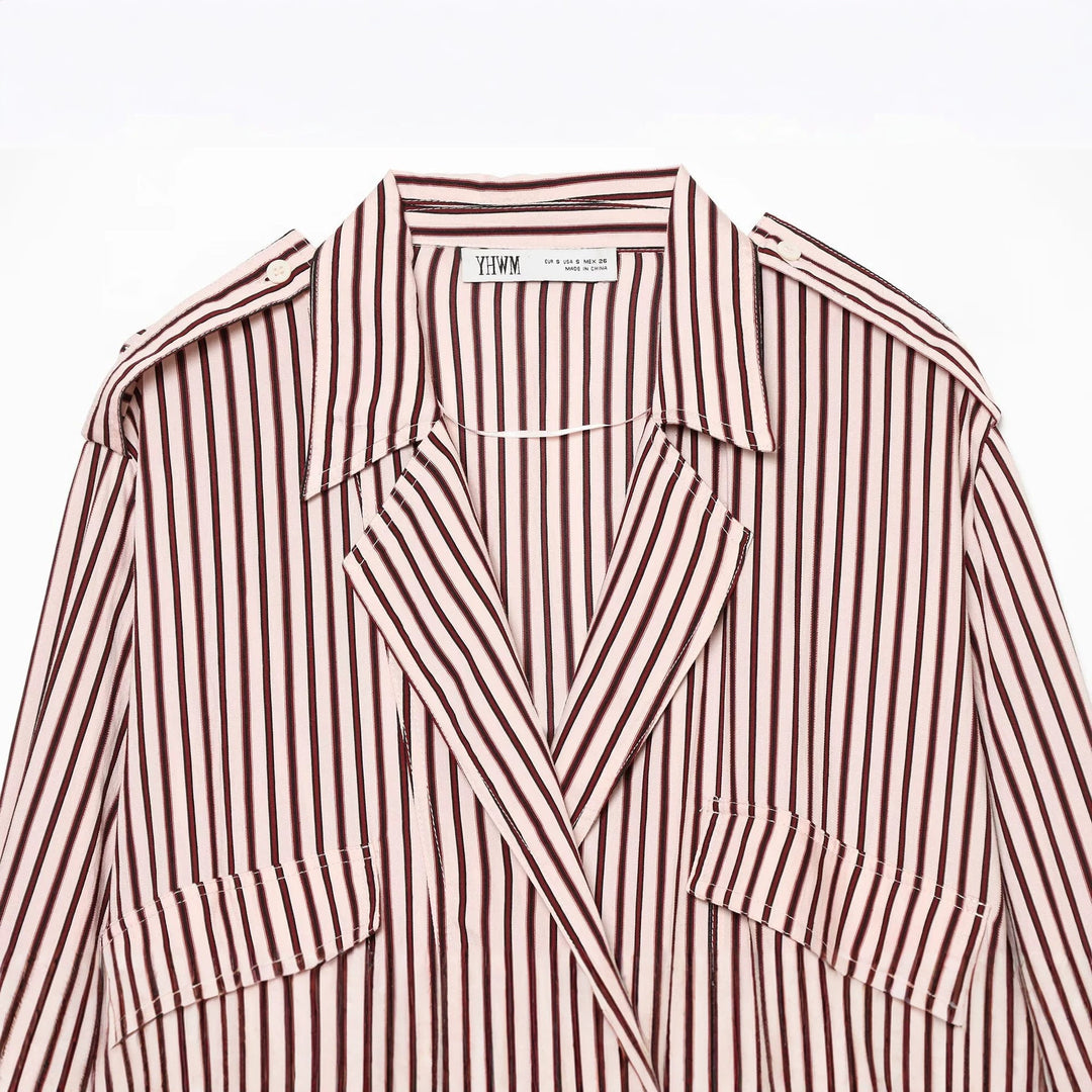 Dam Randig Oversize Skjortjacka med Drawstring Nederkant och Lock Fickor