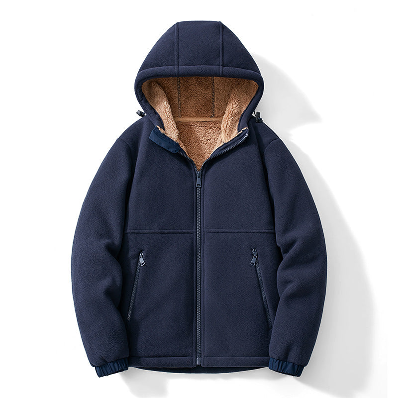 Herr Fleece Jacka med Huva med Teddy Foder, Zippered Fickor, och Adjustable Fåll