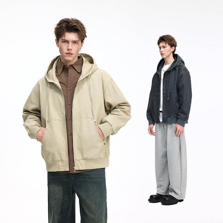 Herr Oversized Luvtröja Jacka Gjord av Washed Canvas med Dragkedja och Utility Fickor
