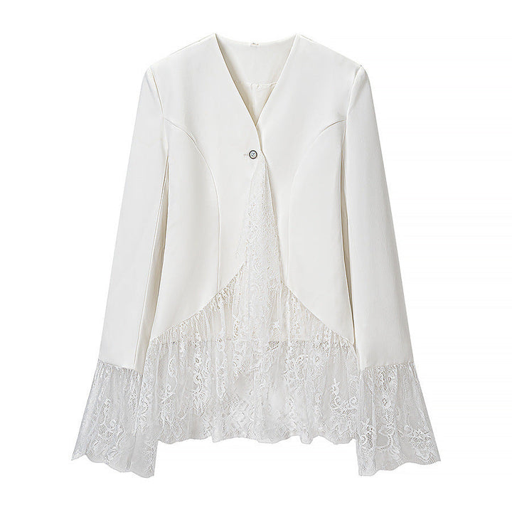 Dam Lace Jacka med Tailored Passform, Flared Lace Kant och V-Neck