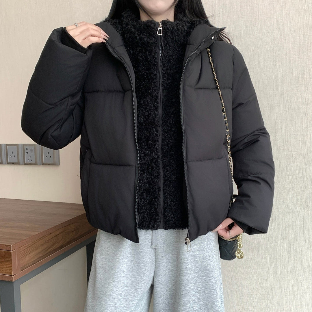 Dam kort vadderad double jacka med detachable teddy inner foder och hög ståkrage