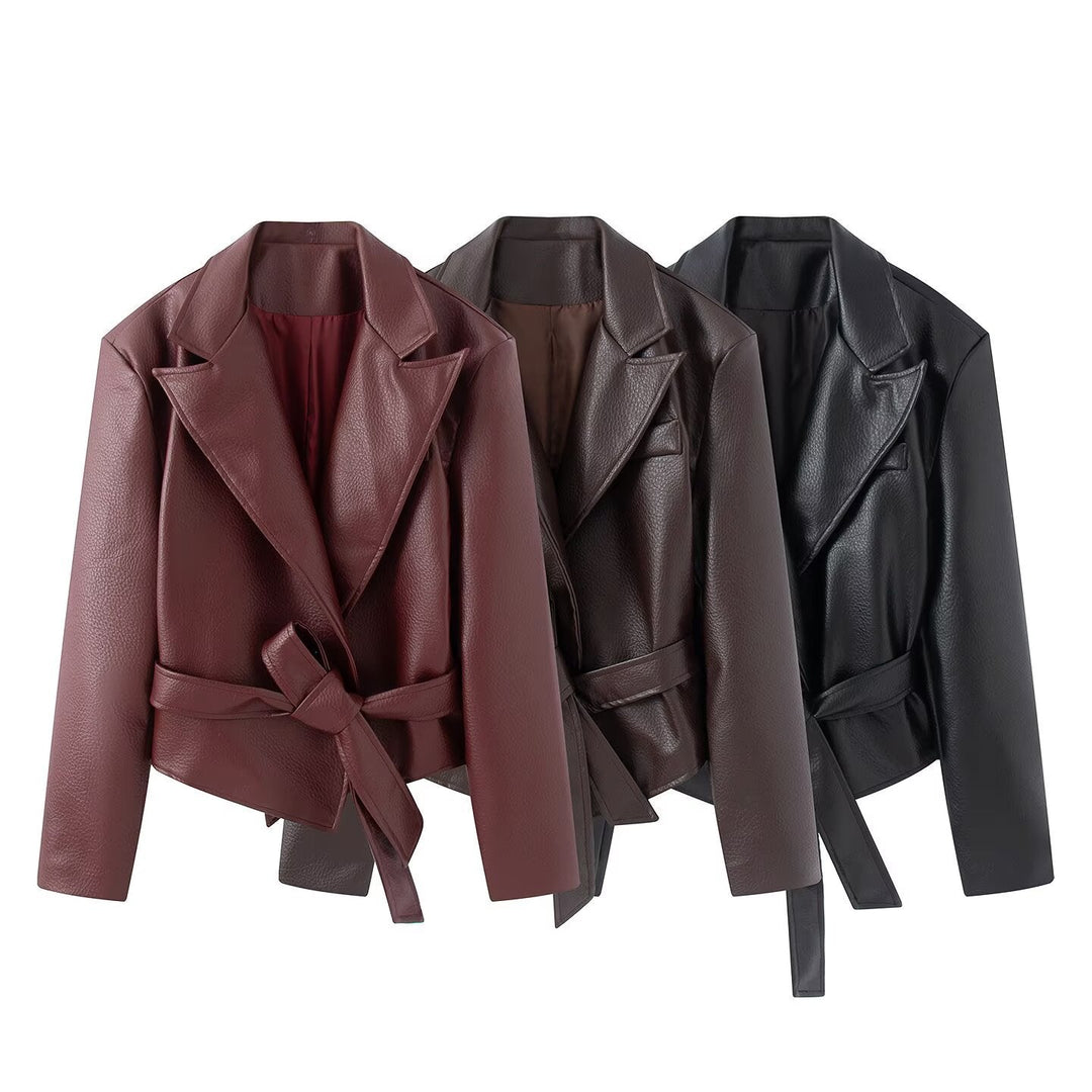 Dam Tailored Jacka i Konstläder med Shawl Krage och Belt