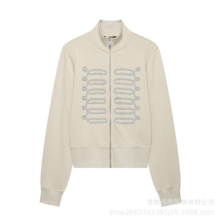 Dam zip jacka in military-inspired look med standing krage och dekorativ piping