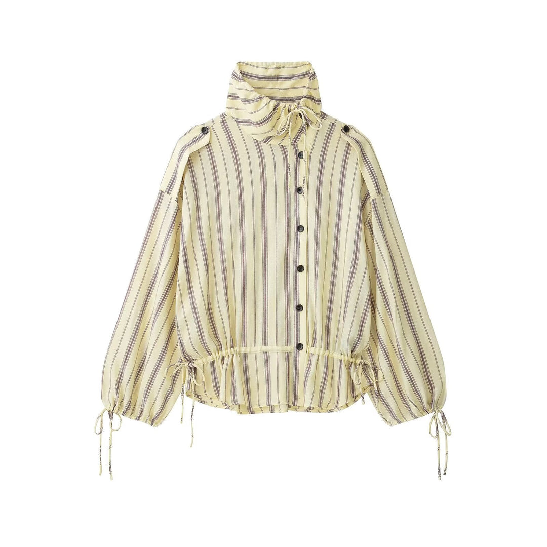 Dam Randig Lätt Blouson Jacka med Stå Krage och Drawstring