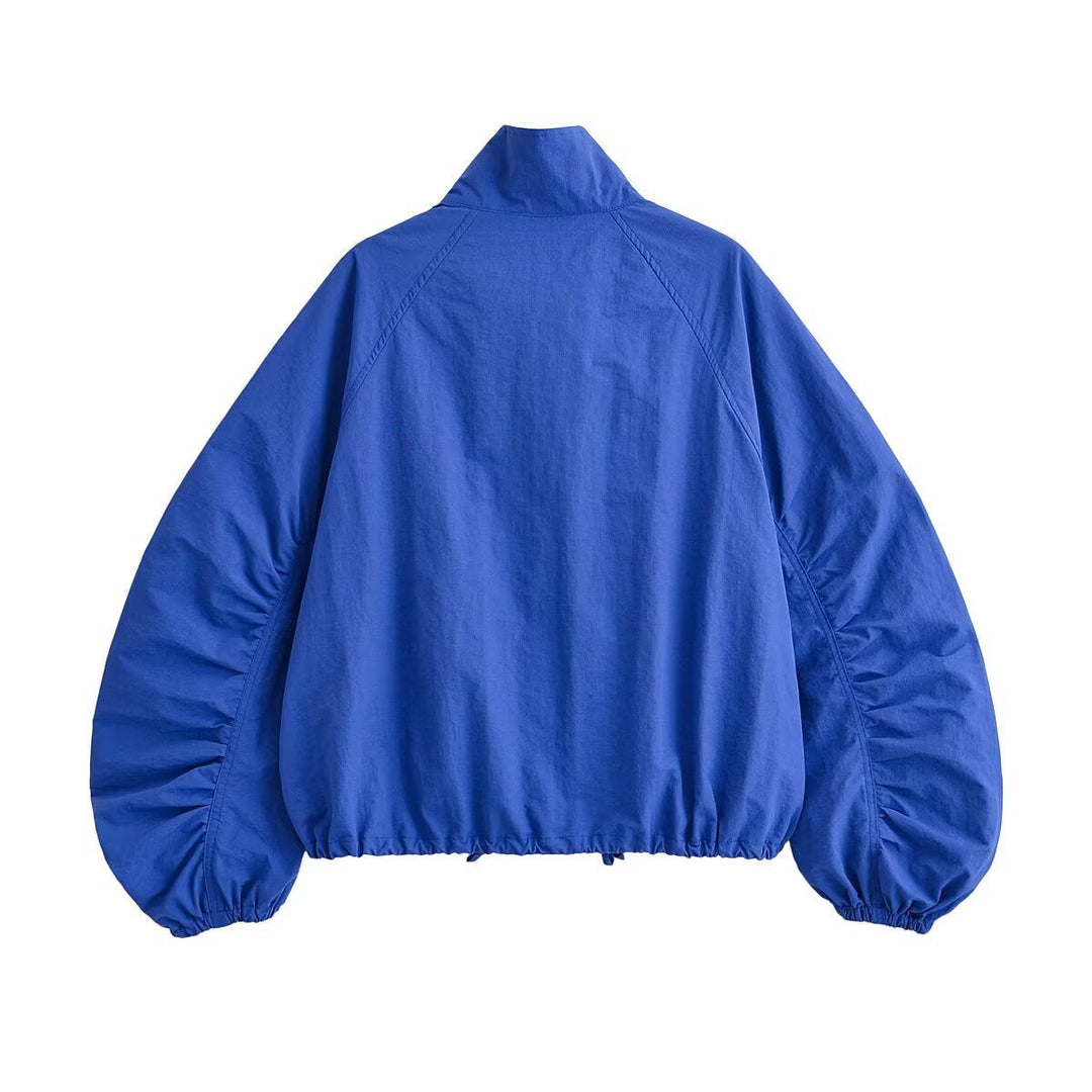 Dam Kort Windbreaker med Voluminous Balloon Ärmar och Stå Krage