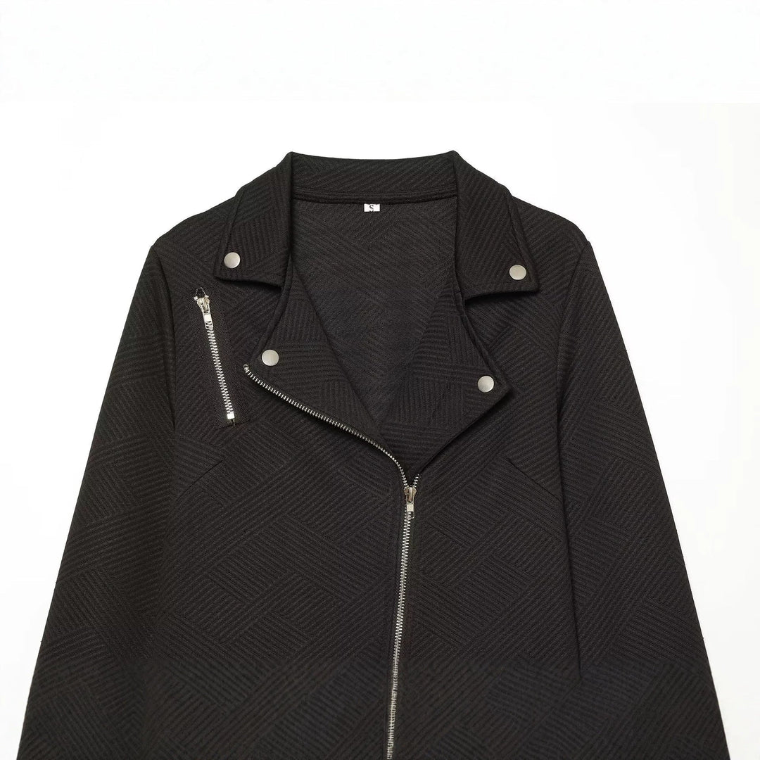 Dam Kort Jacka i Biker Stil med Asymmetrisk Dragkedja och Textured Weave Structure