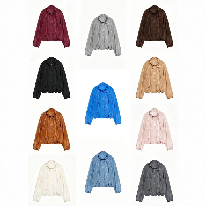 Dam Lätt Oversize Blouson Jacka Tillverkad av Nylon med Stå Krage, Drawstring och Tryckknapp Knapp Stängning
