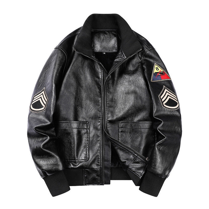 Herr Heritage Läder Blouson i Läder Look med Militär Patch Detaljer och Ribbad Krage