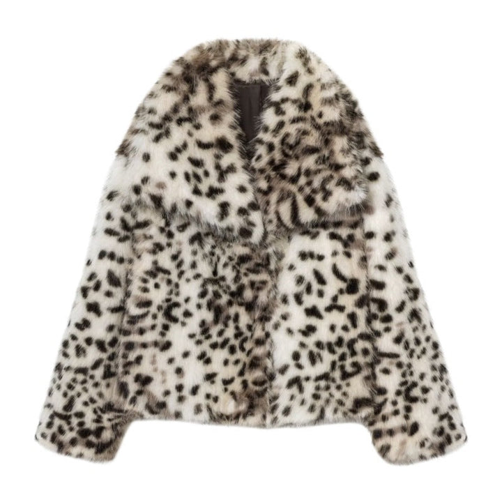 Dam Kort Jacka Gjord av Konstpäls i Snow Leopardmönster med Breda Slag