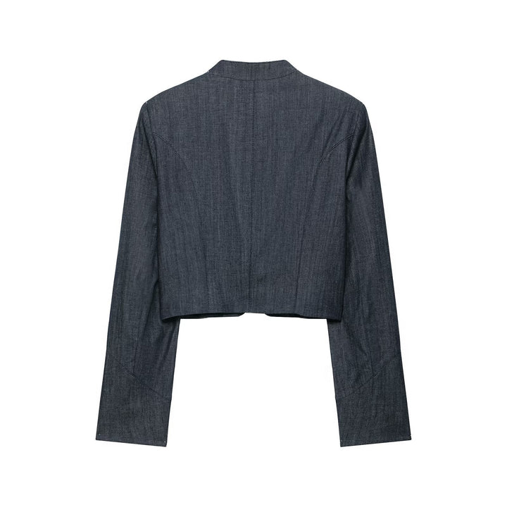 Dam Bolero-Stil Kort Jacka i Vintage Denim Stil med Lace Yoke och Brass Knappar