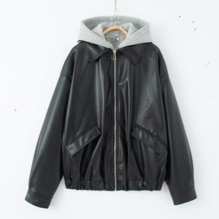 Dam Oversized Konstläder Blouson med Huva Insert och Lockfickor