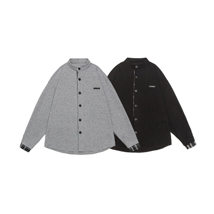 Unisex Oversized Skjorta Jacka i Sweat Overlay med Ståkrage och Rutig Inner Cuff