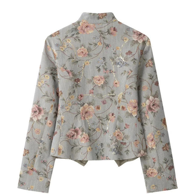 Dam Kort Jacquard Blouson Jacka med Stå Krage, Blommig Jacquard Embroidery och Lock Fickor