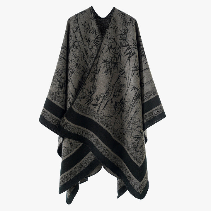 Dam Jacquard poncho i Cape stil med Bamboo design och öppen front