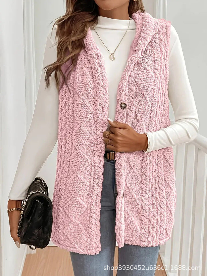 Dam fleece Lined teddy väst med huva och knapp stängning