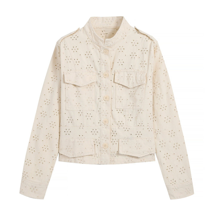 Dam Kort Skärning Broderie-Anglaise Fältjacka med Lock Fickor