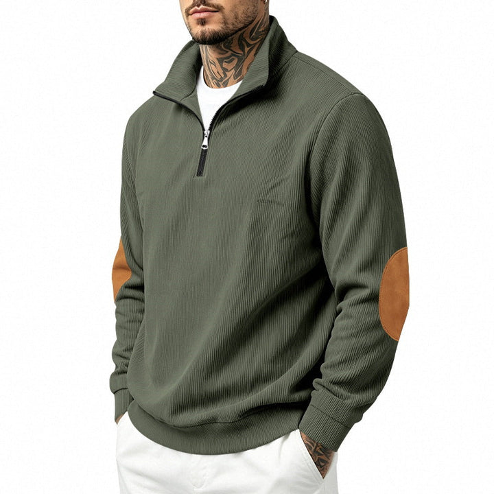 Herr Light Strukturerad Halv Dragkedja Pullover med Cord Elbow Lappar och Ståkrage
