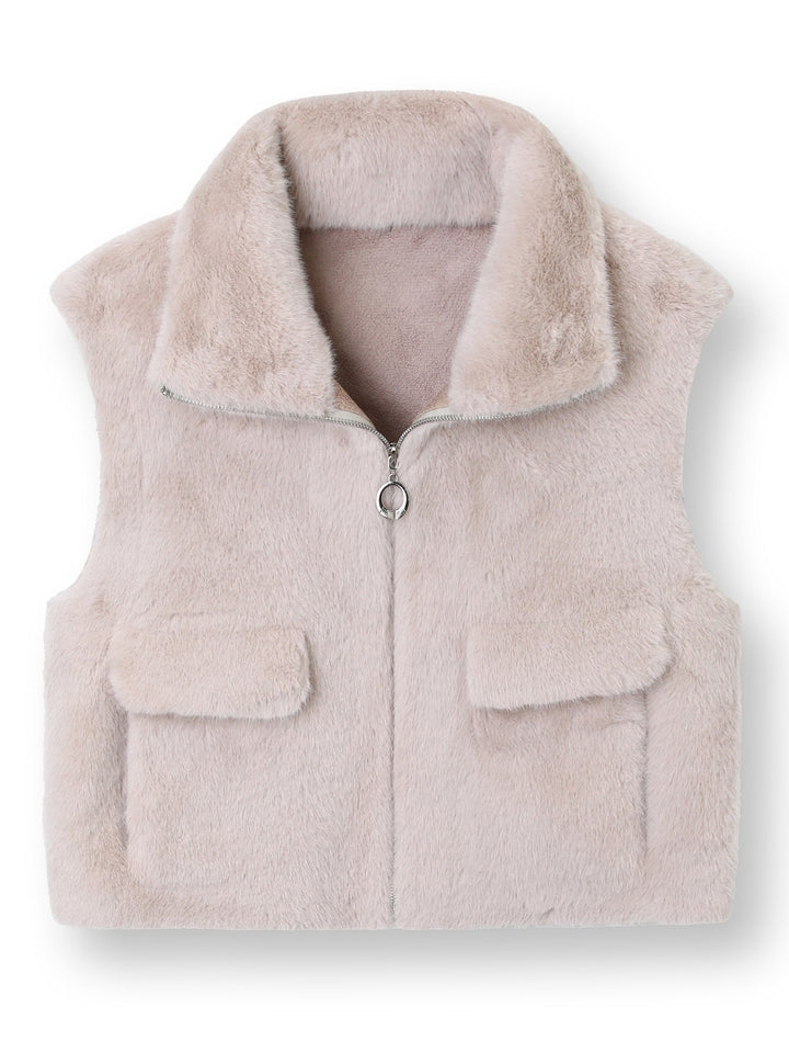 Dam ärmlös Faux Fur väst med ståkrage, dragkedja och Flap fickor