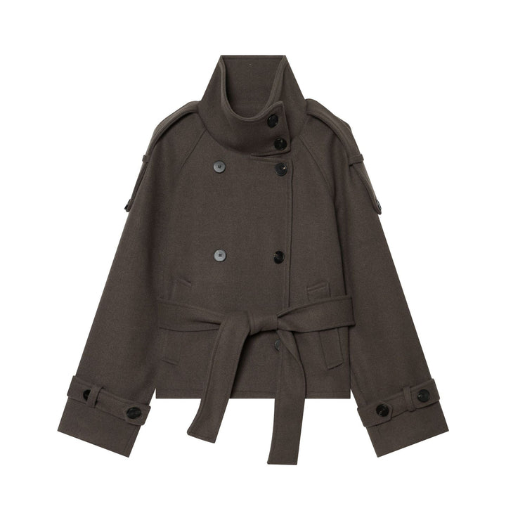 Dam Kort Double-Breasted Ull Blend Cape Jacka med Hög Stå Krage och Waist Belt