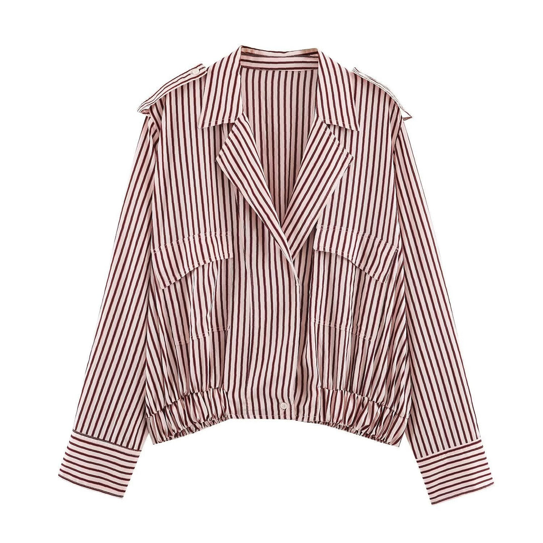 Dam Randig Kort Blouson Jacka med Notched Krage, Lock Fickor och Elastic Nederkant