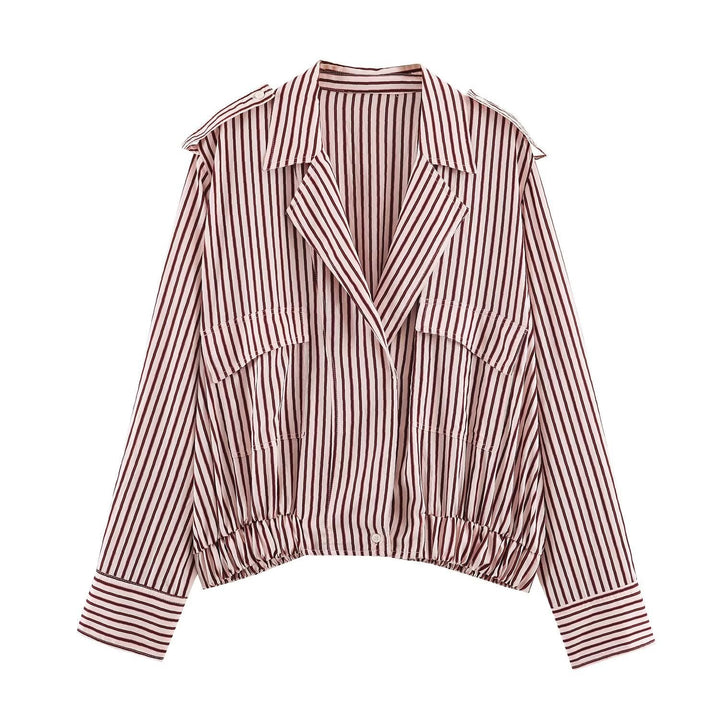 Dam Randig Kort Blouson Jacka med Notched Krage, Lock Fickor och Elastic Nederkant