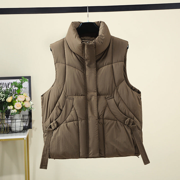 Dam Voluminous Sleeveless Down-look väst med bred ståkrage och Side Gathered Straps