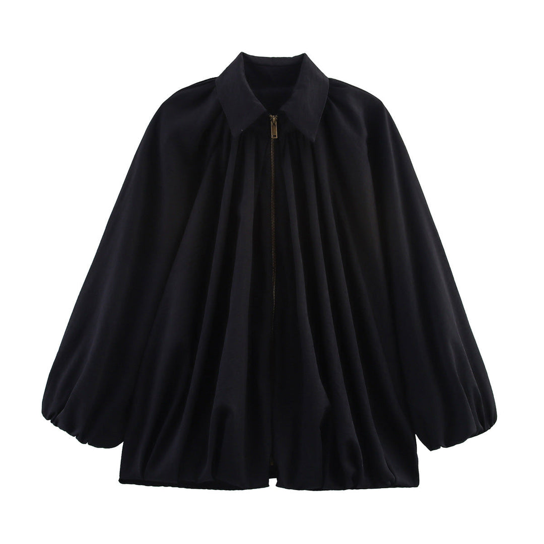 Dam 100+ Wide Gathered Blouse Jacka med Skjort Krage och Front Dragkedja