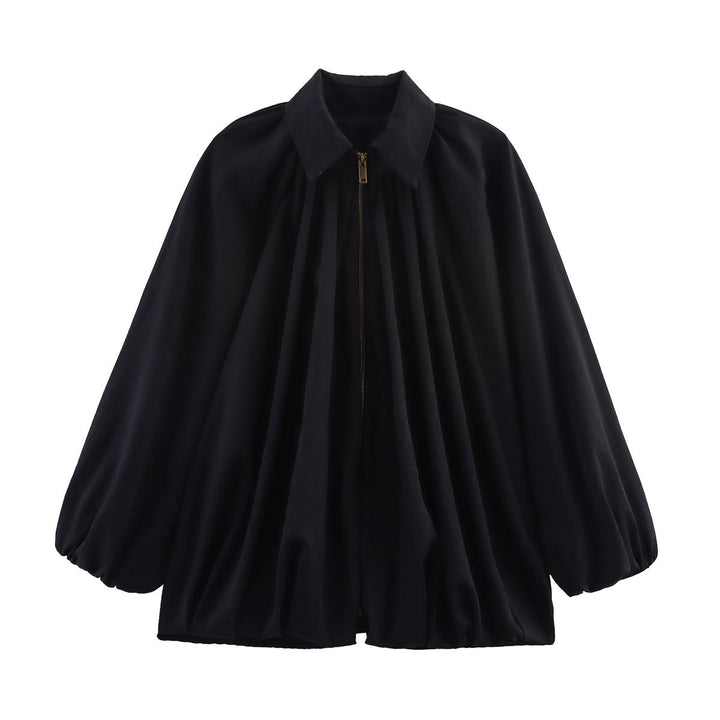 Dam 100+ Wide Gathered Blouse Jacka med Skjort Krage och Front Dragkedja