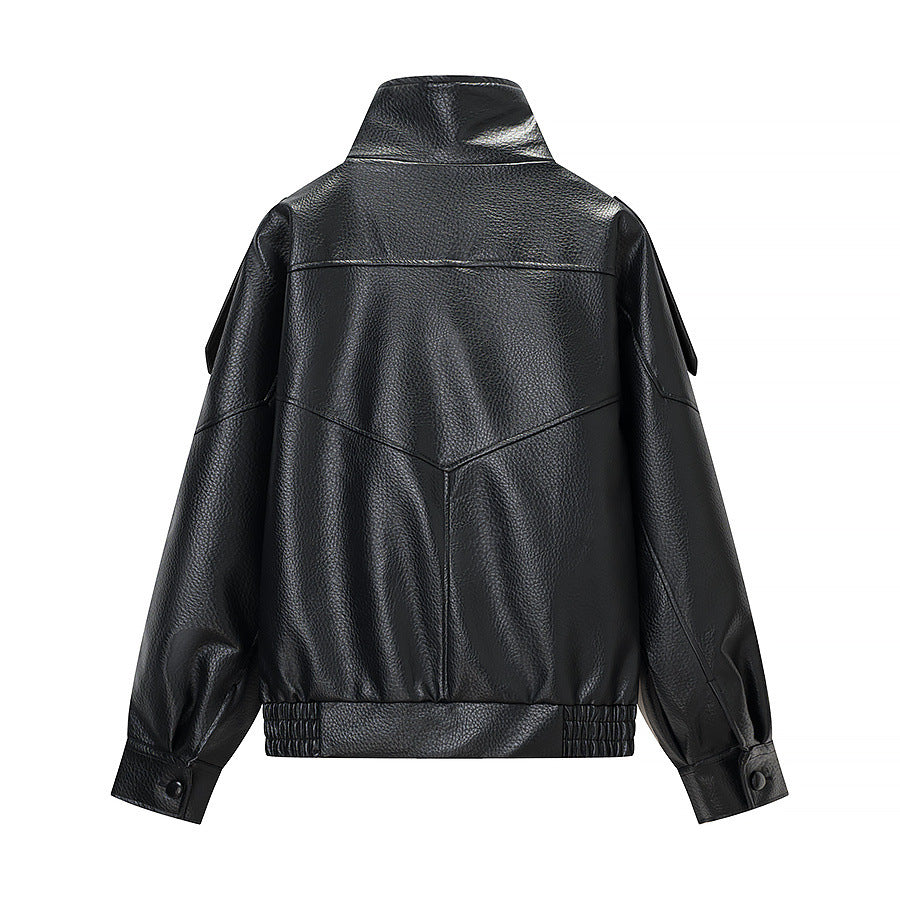 Dam oversize konstläder jacka med hög ståkrage, Asymmetrical knappslå och Elastic fåll