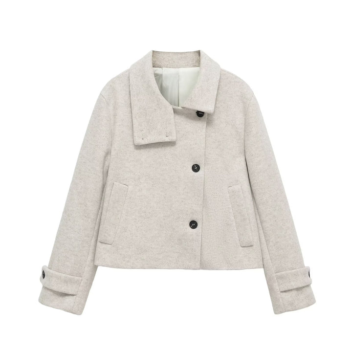 Dam Kort Ull Blend Jacka med Shawl Krage, Boxig Shape och Justerbar Muddar