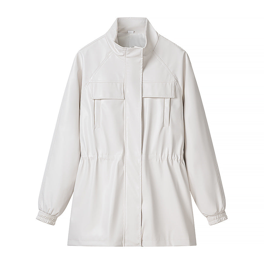 Dam konstläder parka med dragsko midja, ståkrage, och flap fickor