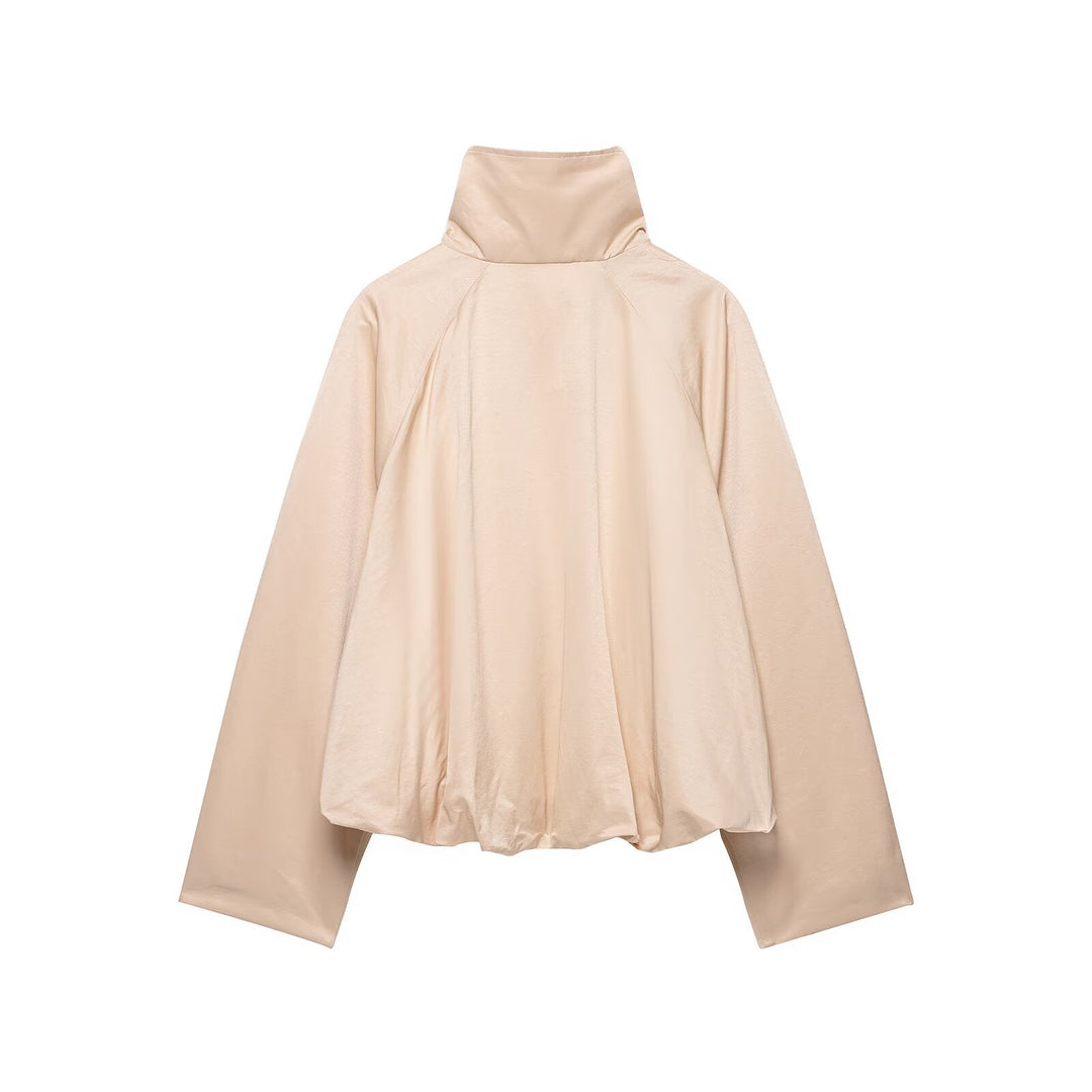 Dam Kort Satin-Finish Cape Blouson med Wide Raglan Ärmar och Hög Stå Krage