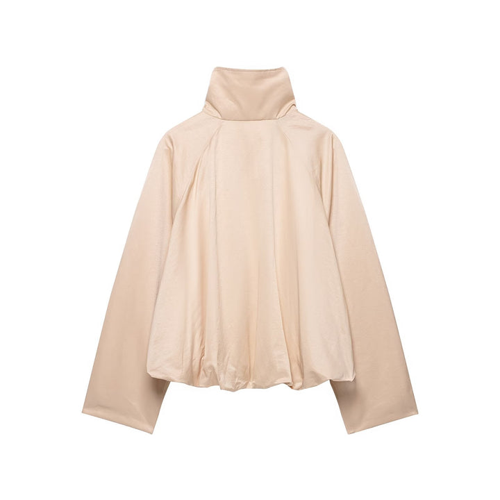 Dam Kort Satin-Finish Cape Blouson med Wide Raglan Ärmar och Hög Stå Krage