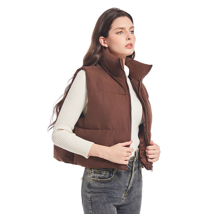 Dam ultra-light kort vadderad väst med high ståkrage, two-way dragkedja och adjustable drawstring fåll