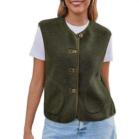 Dam teddy fleece väst med Round Neckline och knapp stängning