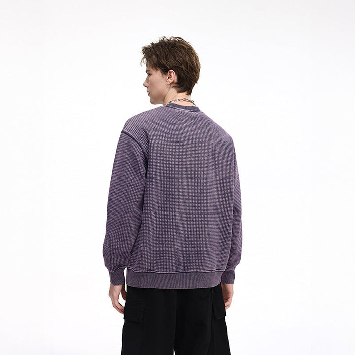 Herr Oversized Waffle Structure College-Tröja med Crew Neck och Ribbstickade Muddar
