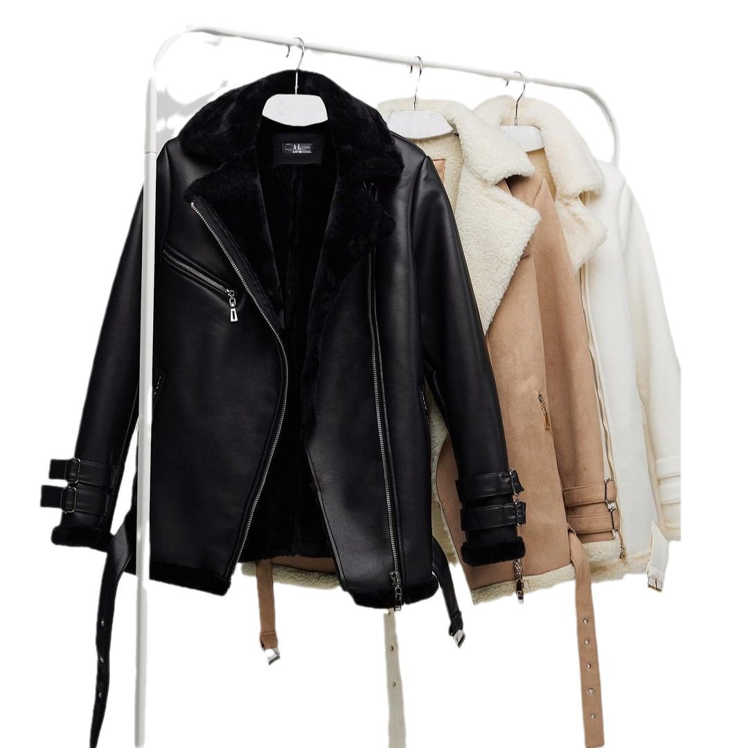 Dam oversize konstläder Pilot jacka med teddy Fur foder och Buckles