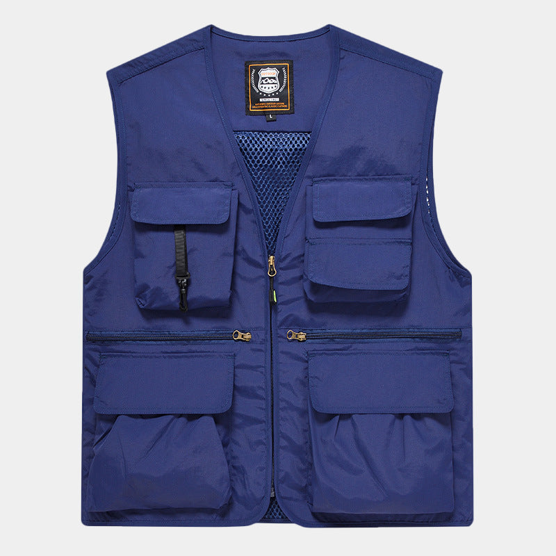 Herr Multi-Pocket Fishing Väst Tillverkad av Canvas med Mesh Ventilation och Dragkedja