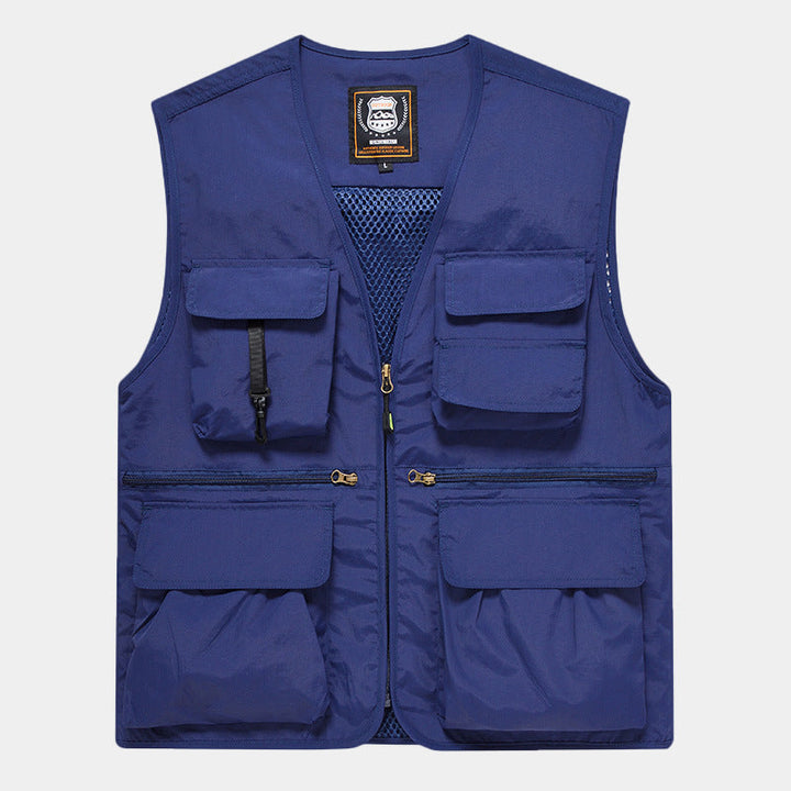 Herr Multi-Pocket Fishing Väst Tillverkad av Canvas med Mesh Ventilation och Dragkedja