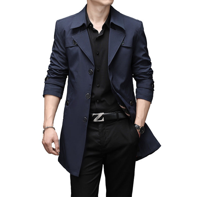 Herr Smal Passform Trenchcoat med Lapel Krage och Subtil Knapplist