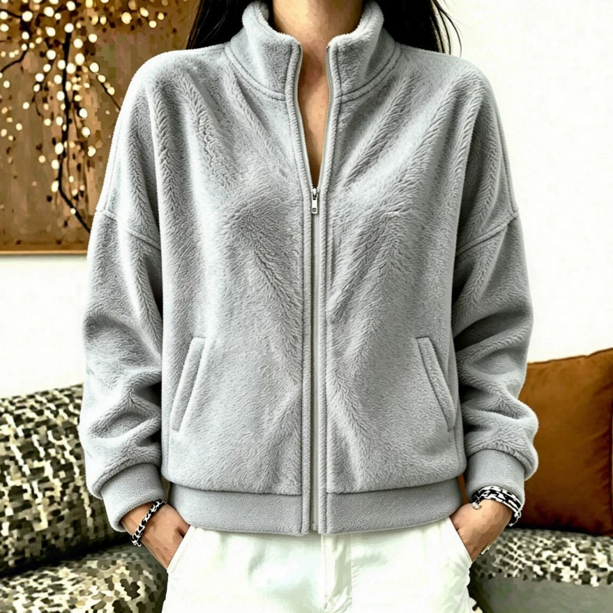 Dam Mjuk Fleece Kort Jacka med Ståkrage, Insert Fickor och Oversized Axel
