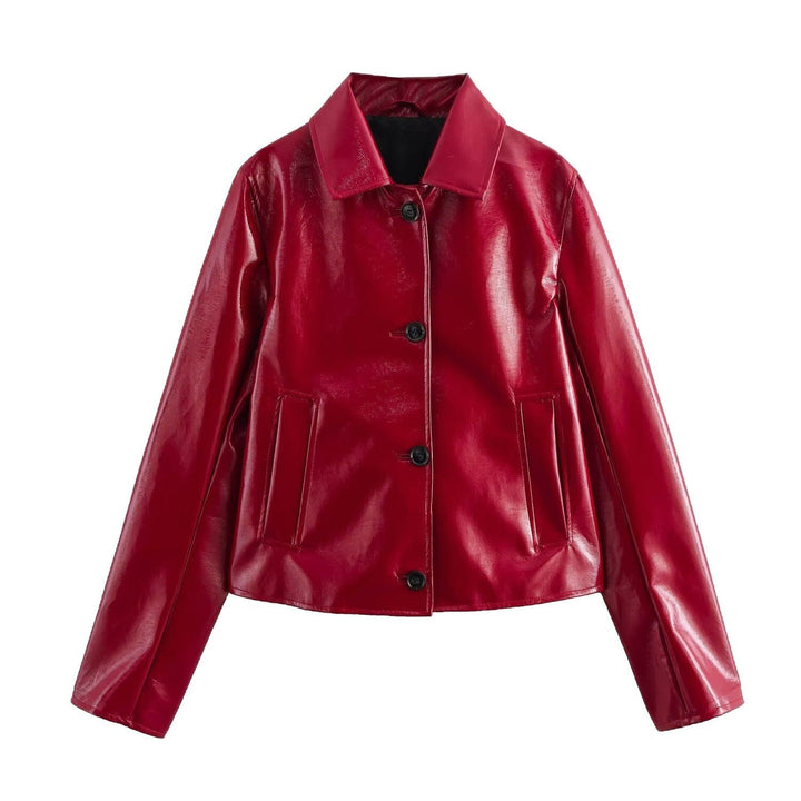 Dam Shiny Konstläder Blouse Jacka i Boxig Skärning med Skjortkrage