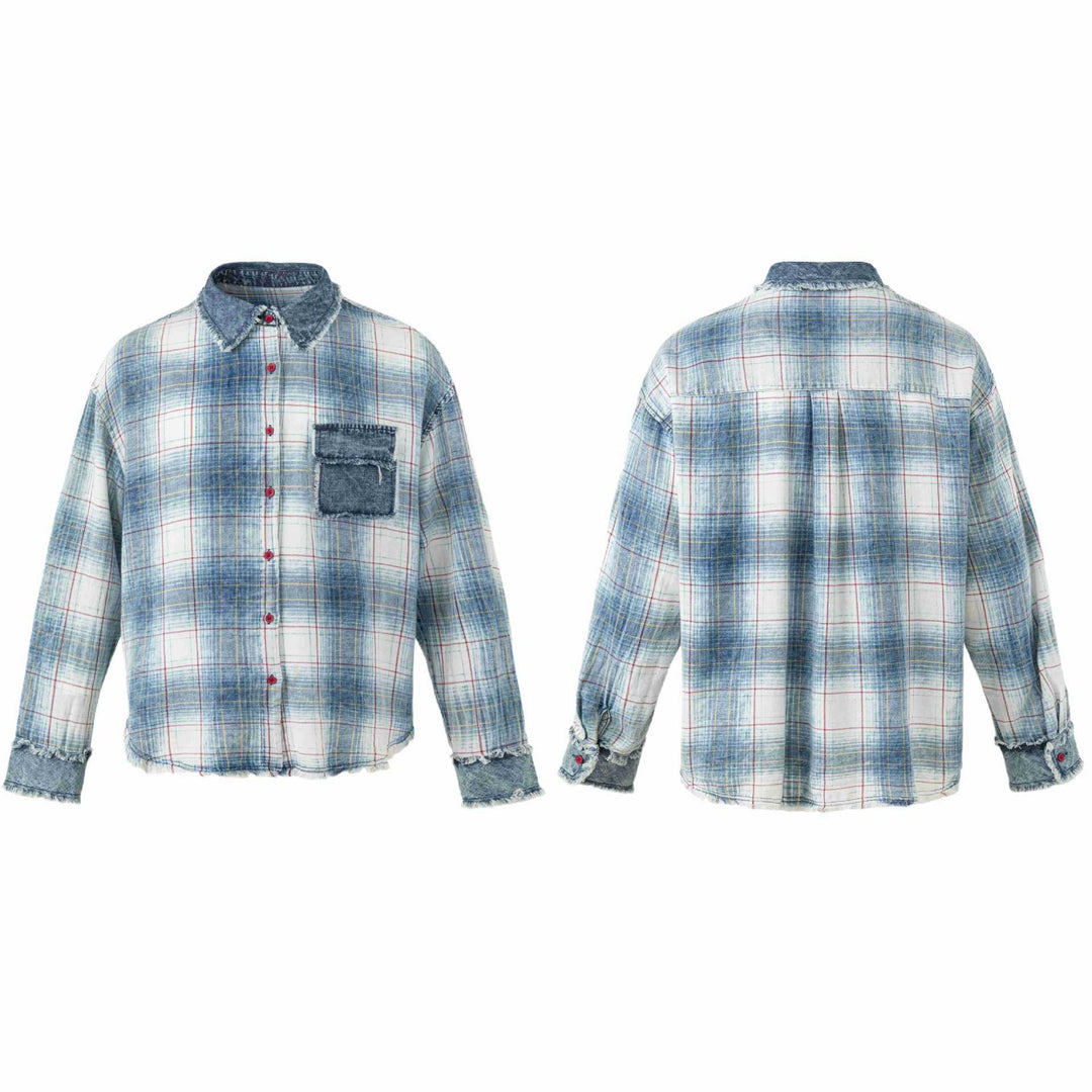 Dam Oversized Rutig Skjorta Jacka med Denim Applications och Frayed Edges